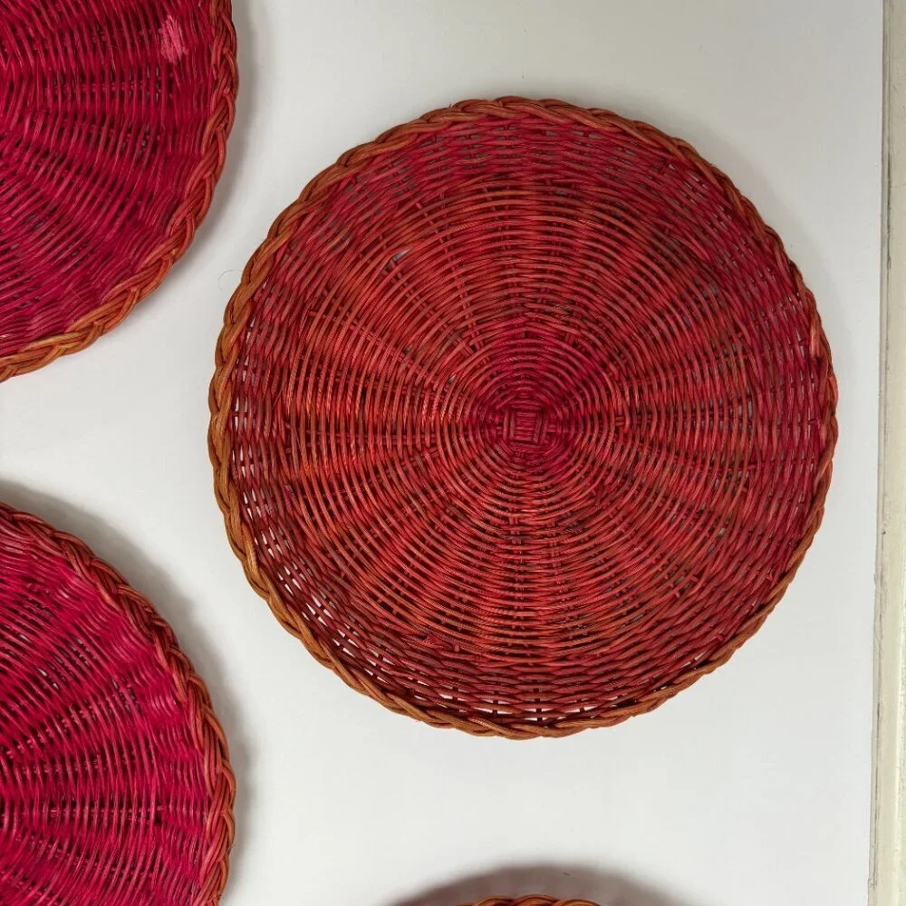 4 Vintage Red / Pink Wicker Rattan Woven Natural Plate Basket Boho Wall Decor